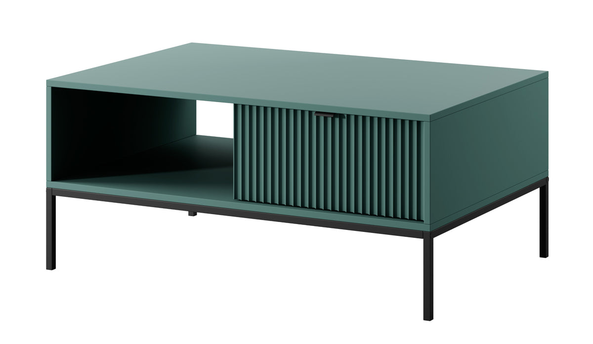 Table basse Vellore 104x68 cm verte avec façade rainurée, poignées noires et structure