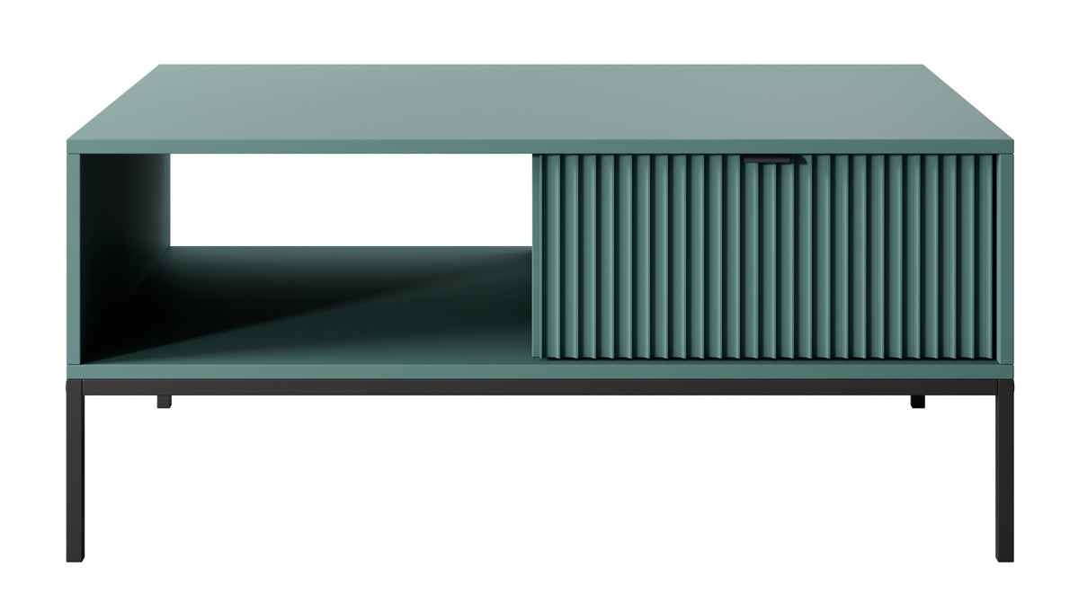 Table basse Vellore 104x68 cm verte avec façade rainurée, poignées noires et structure