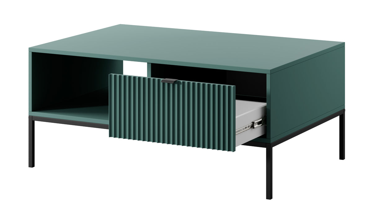 Table basse Vellore 104x68 cm verte avec façade rainurée, poignées noires et structure