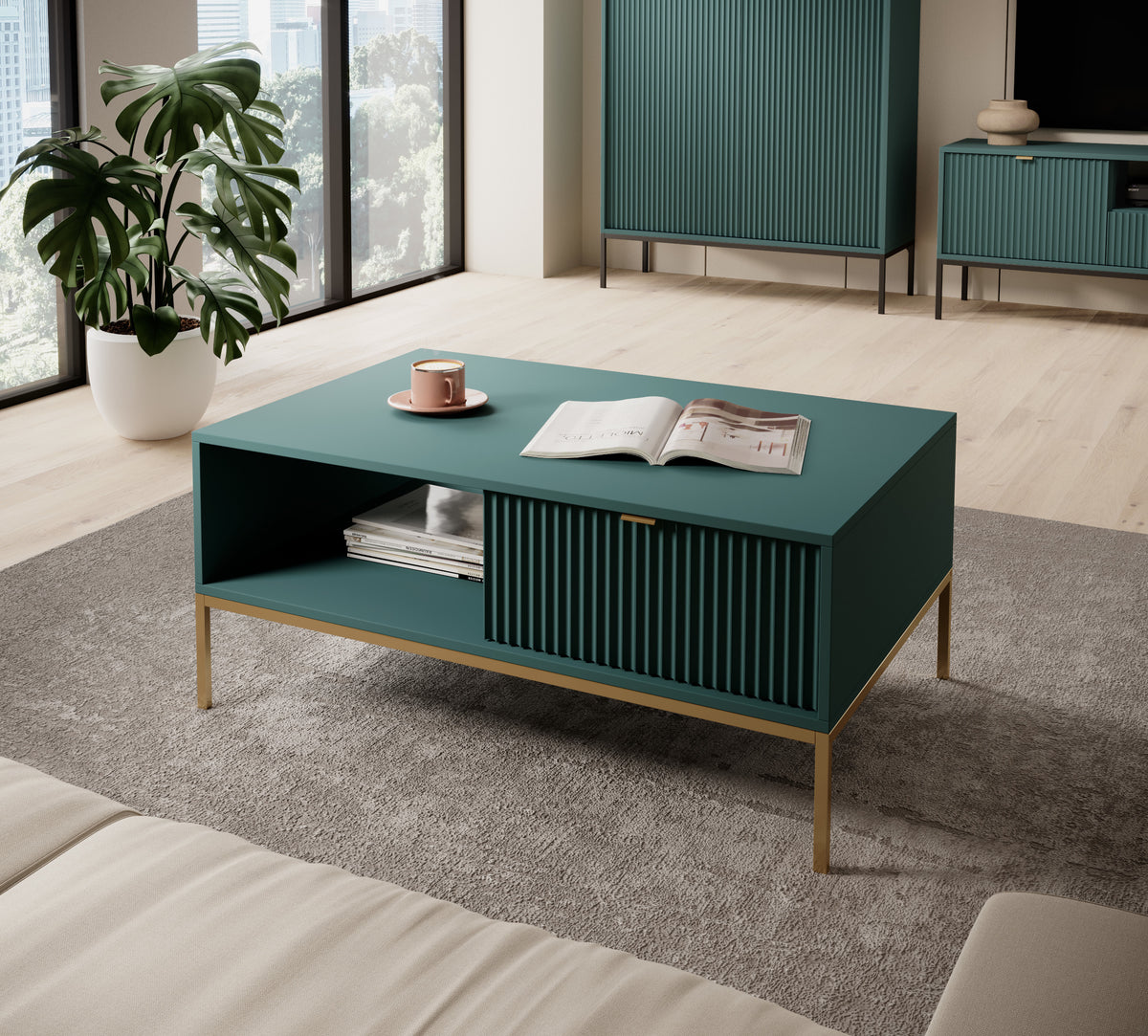 Table basse Vellore 104x68 cm verte avec façade cannelée, poignées dorées et structure