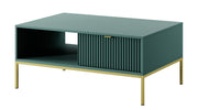 Table basse Vellore 104x68 cm verte avec façade cannelée, poignées dorées et structure