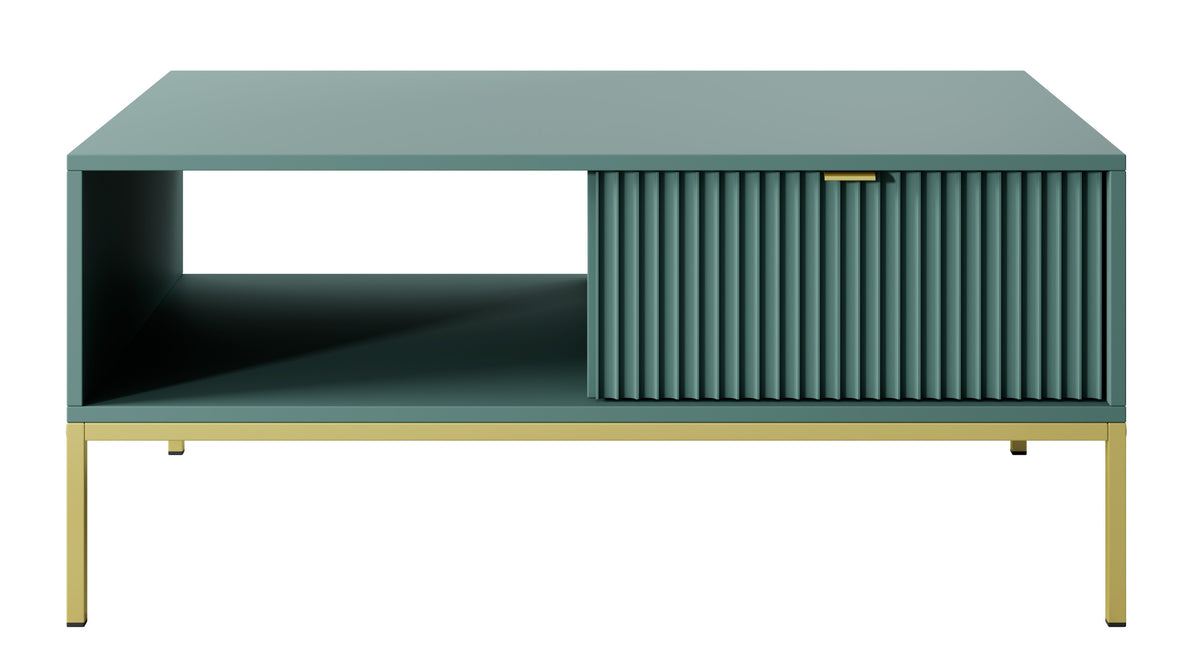 Table basse Vellore 104x68 cm verte avec façade cannelée, poignées dorées et structure