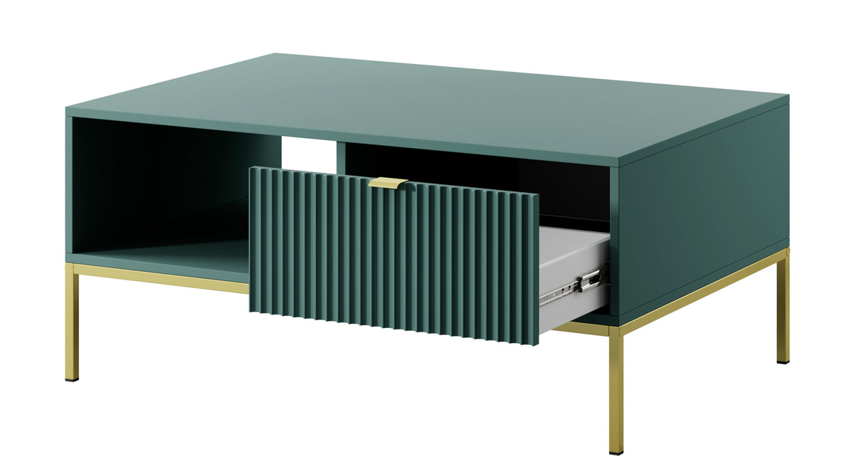 Table basse Vellore 104x68 cm verte avec façade cannelée, poignées dorées et structure