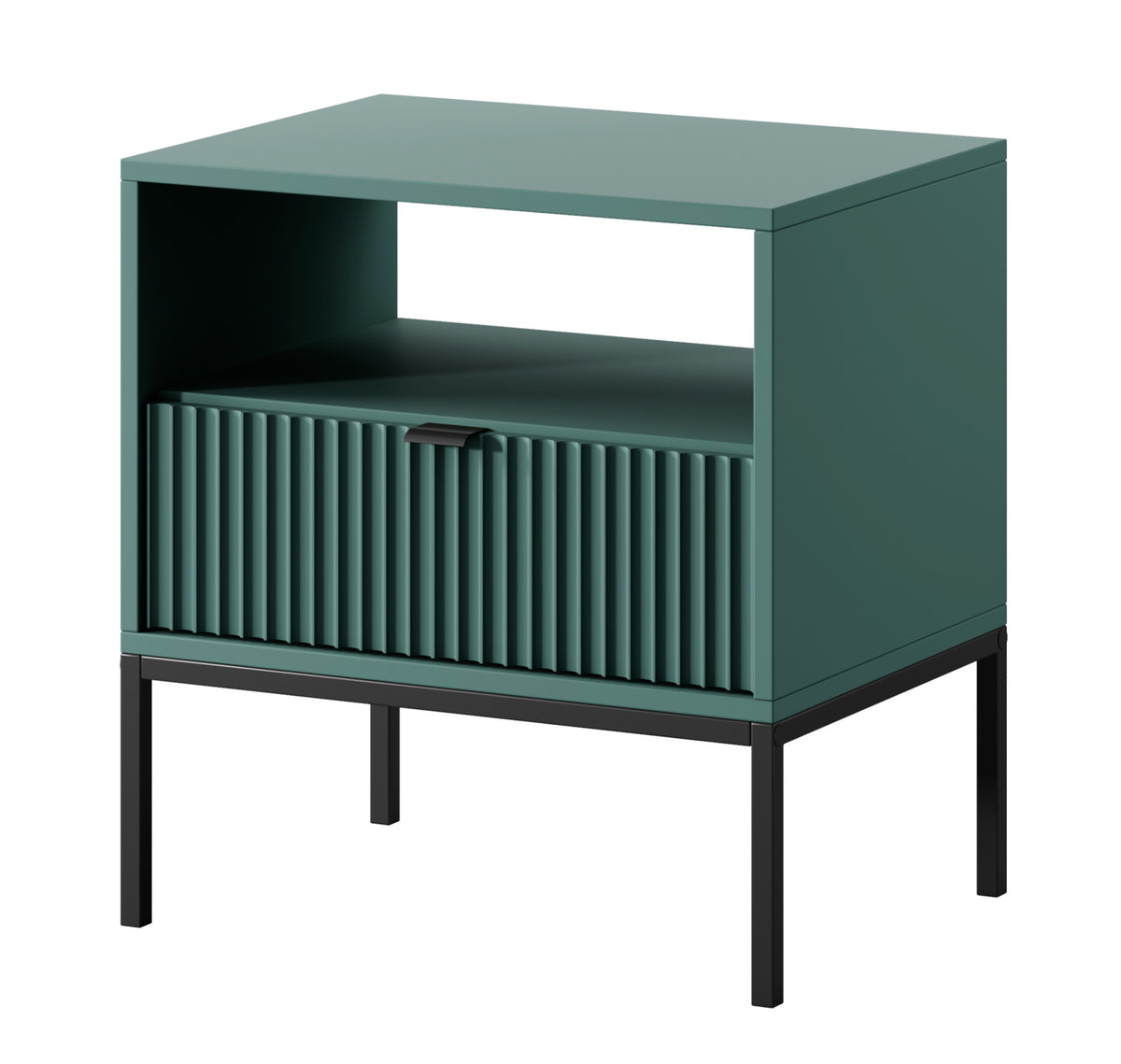 Table de chevet Vellore 54 cm verte avec façade rainurée, poignées noires et structure