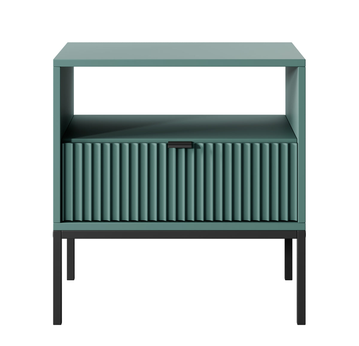 Table de chevet Vellore 54 cm verte avec façade rainurée, poignées noires et structure