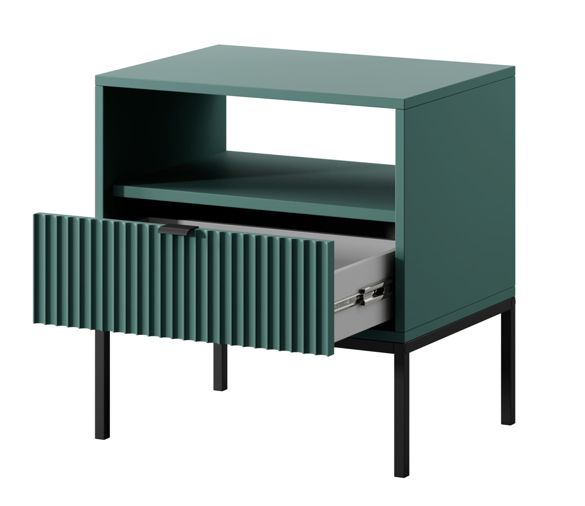 Table de chevet Vellore 54 cm verte avec façade rainurée, poignées noires et structure