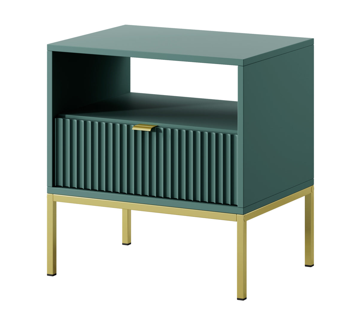 Table de chevet Vellore 54 cm verte avec façade rainurée, poignées dorées et structure