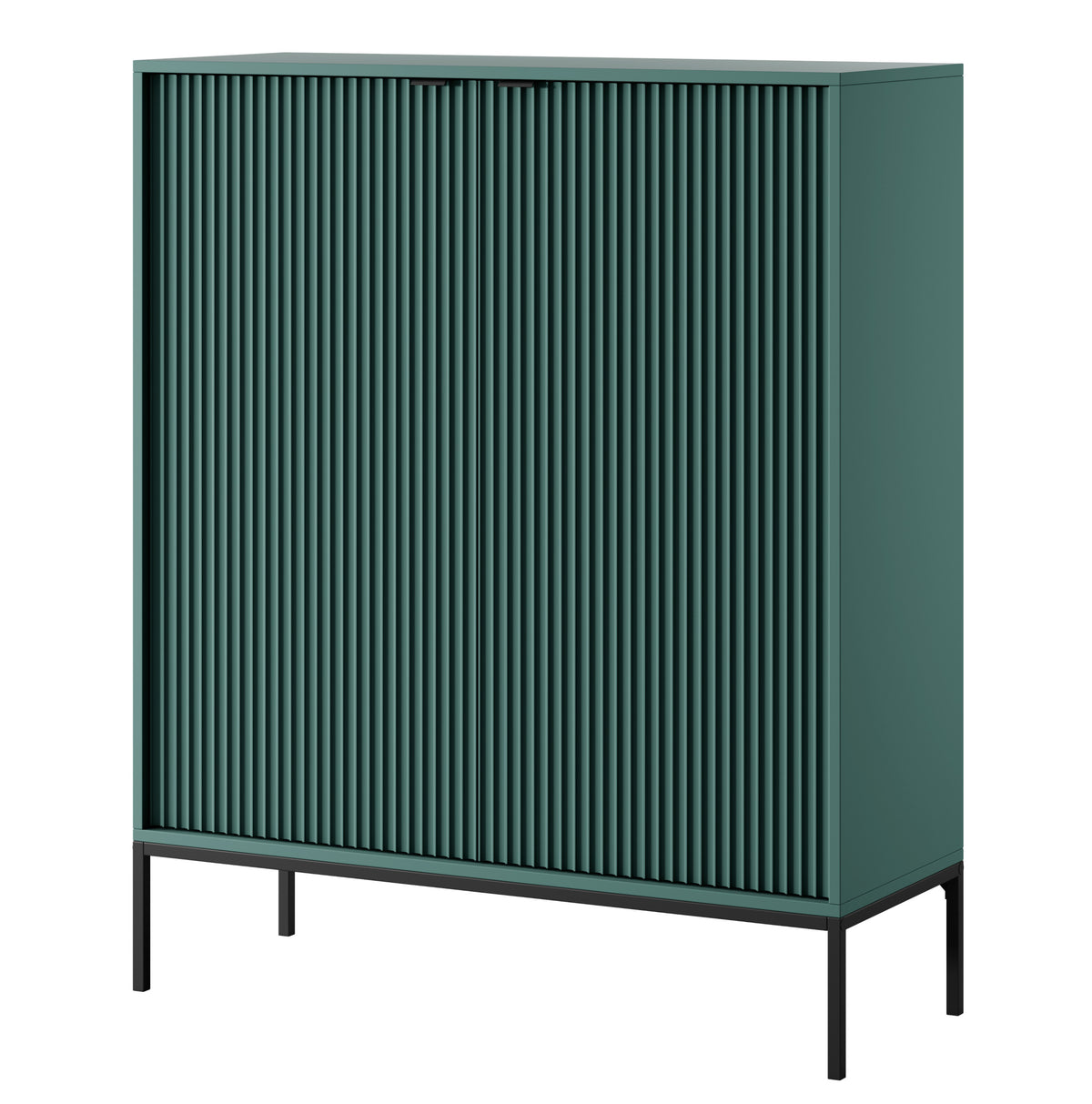Commode haute Vellore verte avec façades rainurées, poignées noires et structure