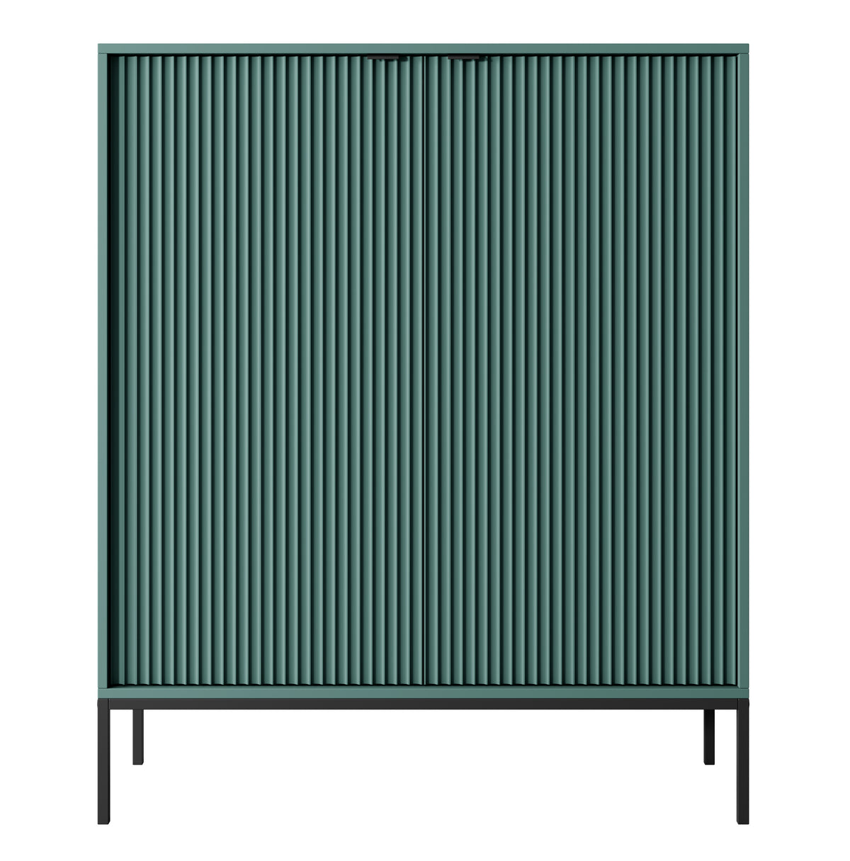 Commode haute Vellore verte avec façades rainurées, poignées noires et structure