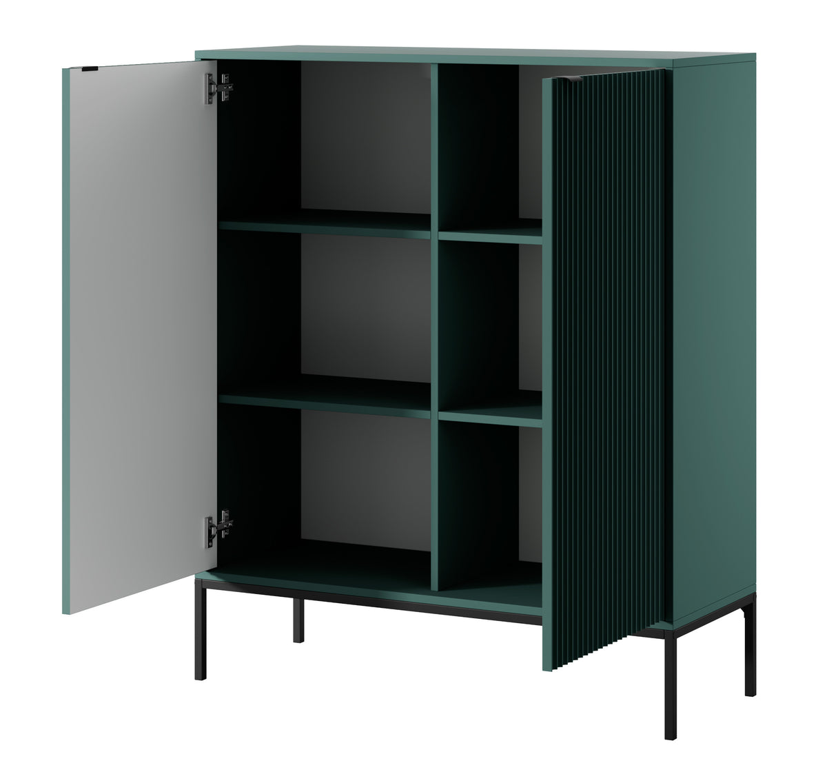 Commode haute Vellore verte avec façades rainurées, poignées noires et structure