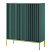 Commode haute Vellore verte avec façades rainurées, poignées dorées et structure