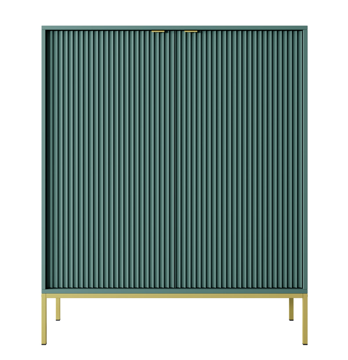 Commode haute Vellore verte avec façades rainurées, poignées dorées et structure