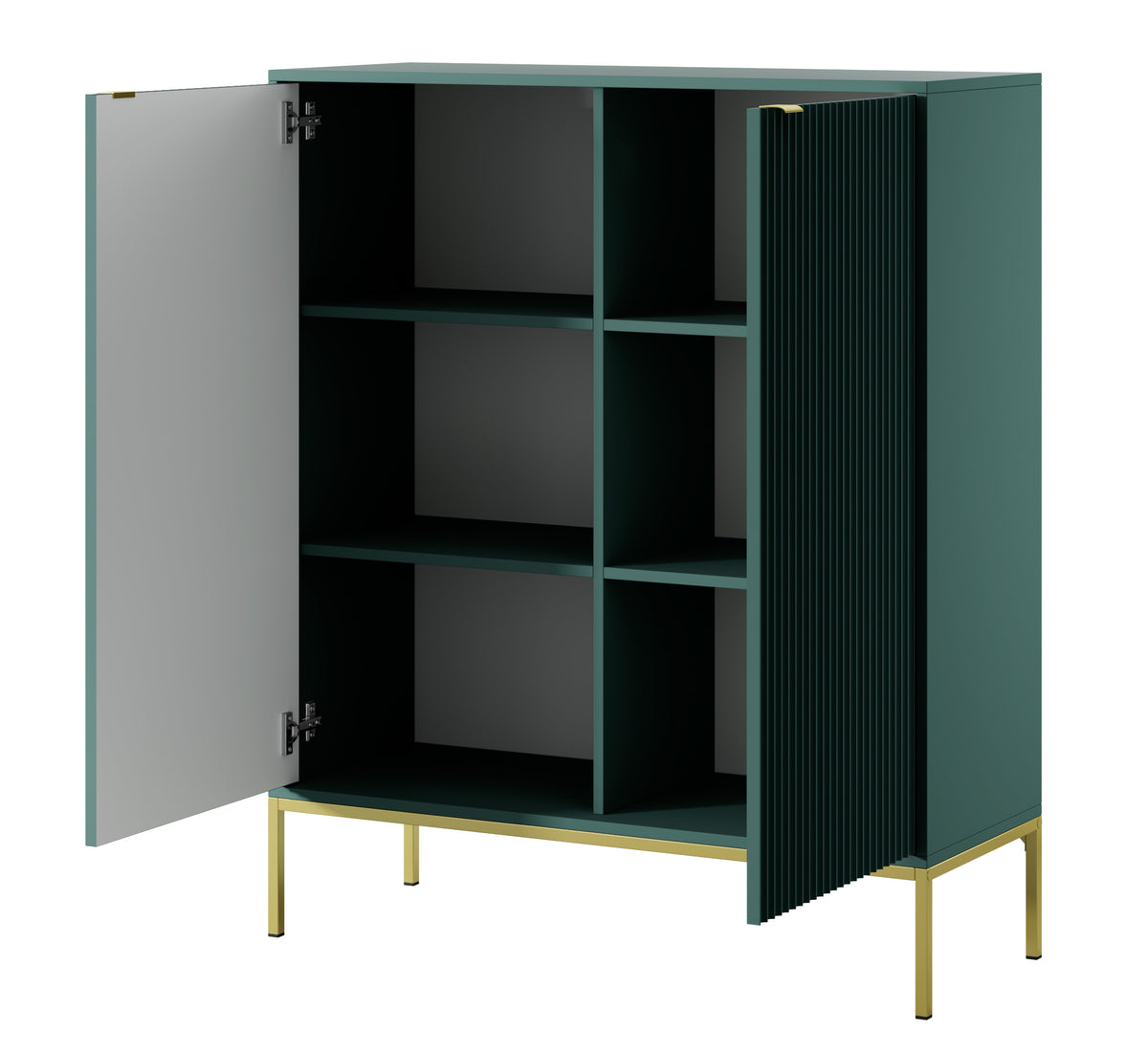 Commode haute Vellore verte avec façades rainurées, poignées dorées et structure