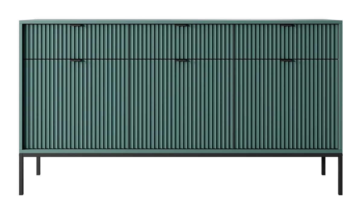 Drehtür-Kommode Vellore 154 cm grün mit gerillten Fronten, schwarzen Griffen und Gestell