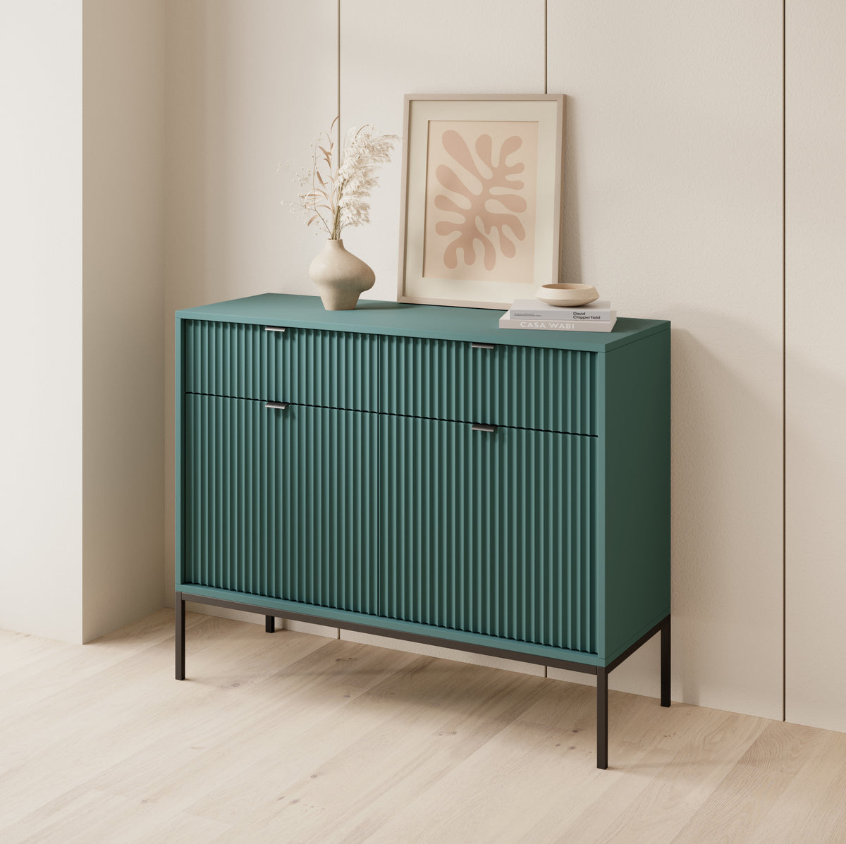Commode 2 portes Vellore 104 cm verte avec façades rainurées, poignées noires et structure