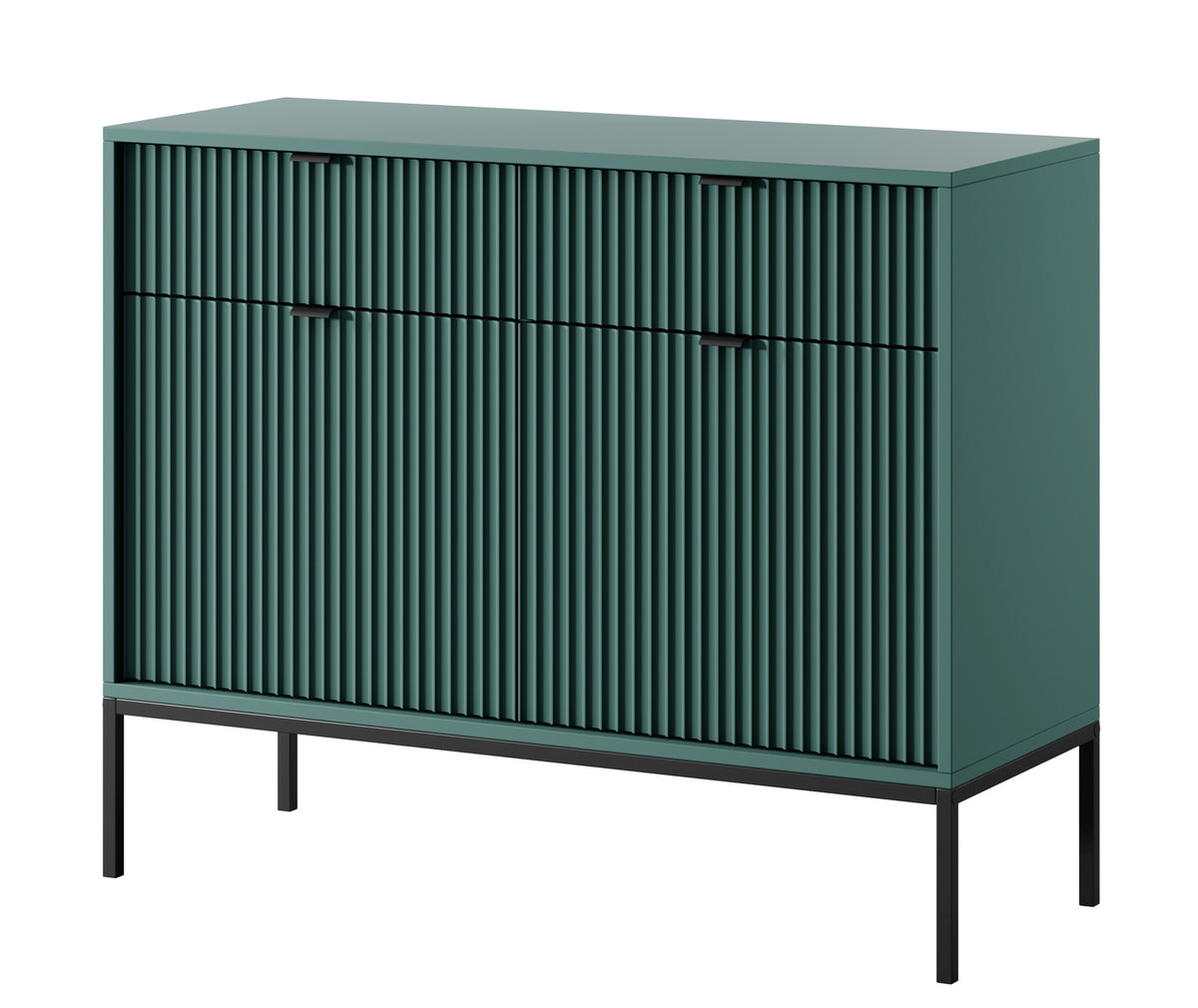Commode 2 portes Vellore 104 cm verte avec façades rainurées, poignées noires et structure