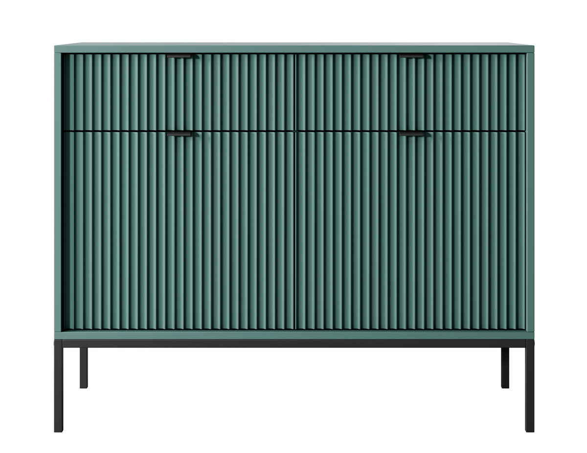 Zweittürige Kommode Vellore 104 cm grün mit geriffelten Fronten, schwarzen Griffen und Gestell