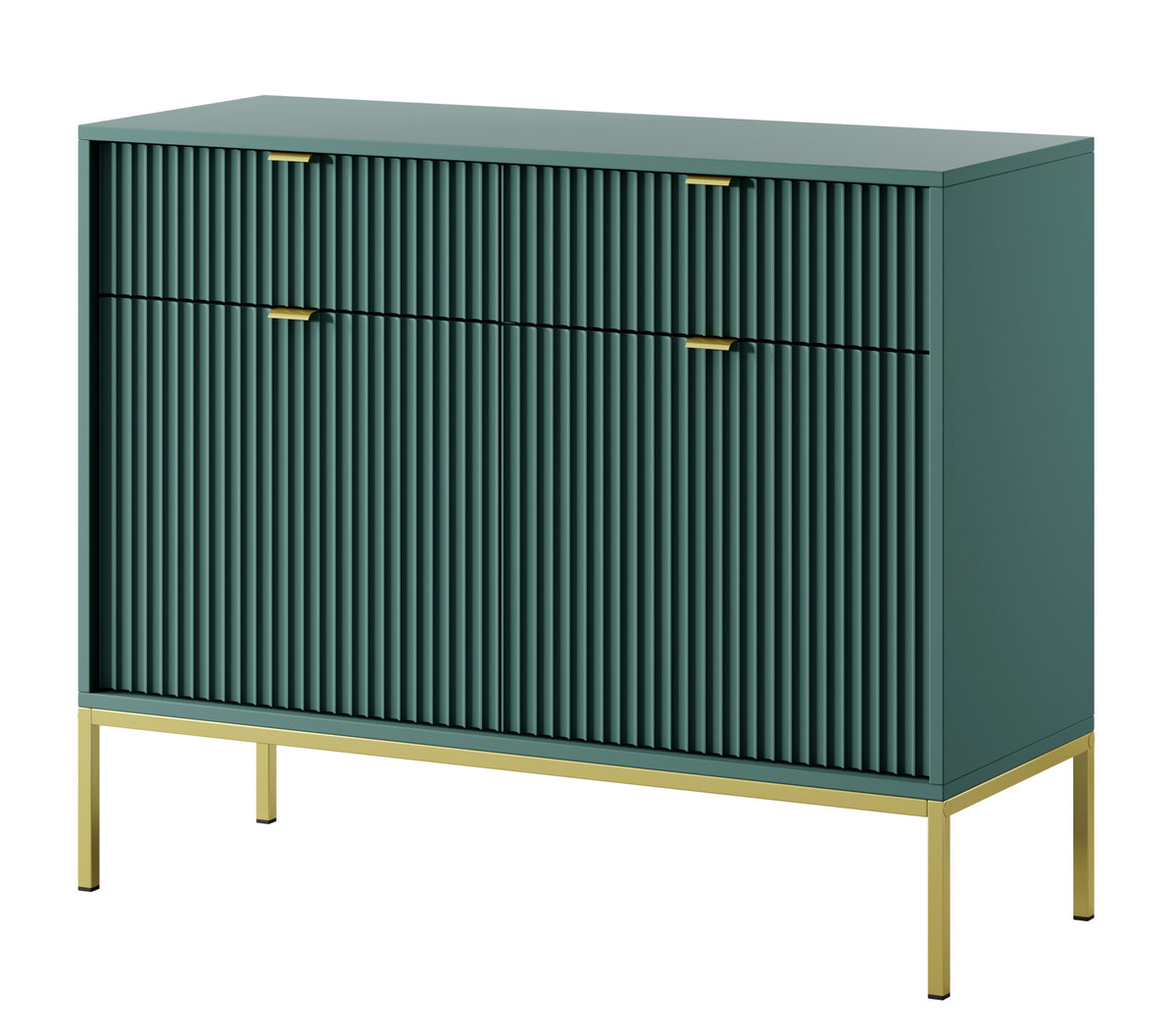 Zweiturige Kommode Vellore 104 cm grün mit gerillten Fronten, goldenen Griffen und Gestell