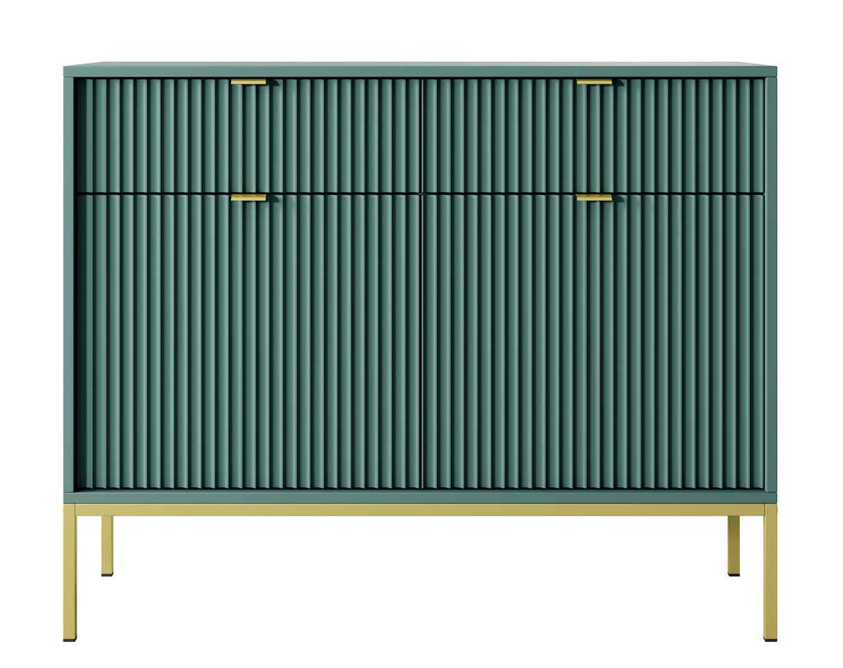 Zweiturige Kommode Vellore 104 cm grün mit gerillten Fronten, goldenen Griffen und Gestell