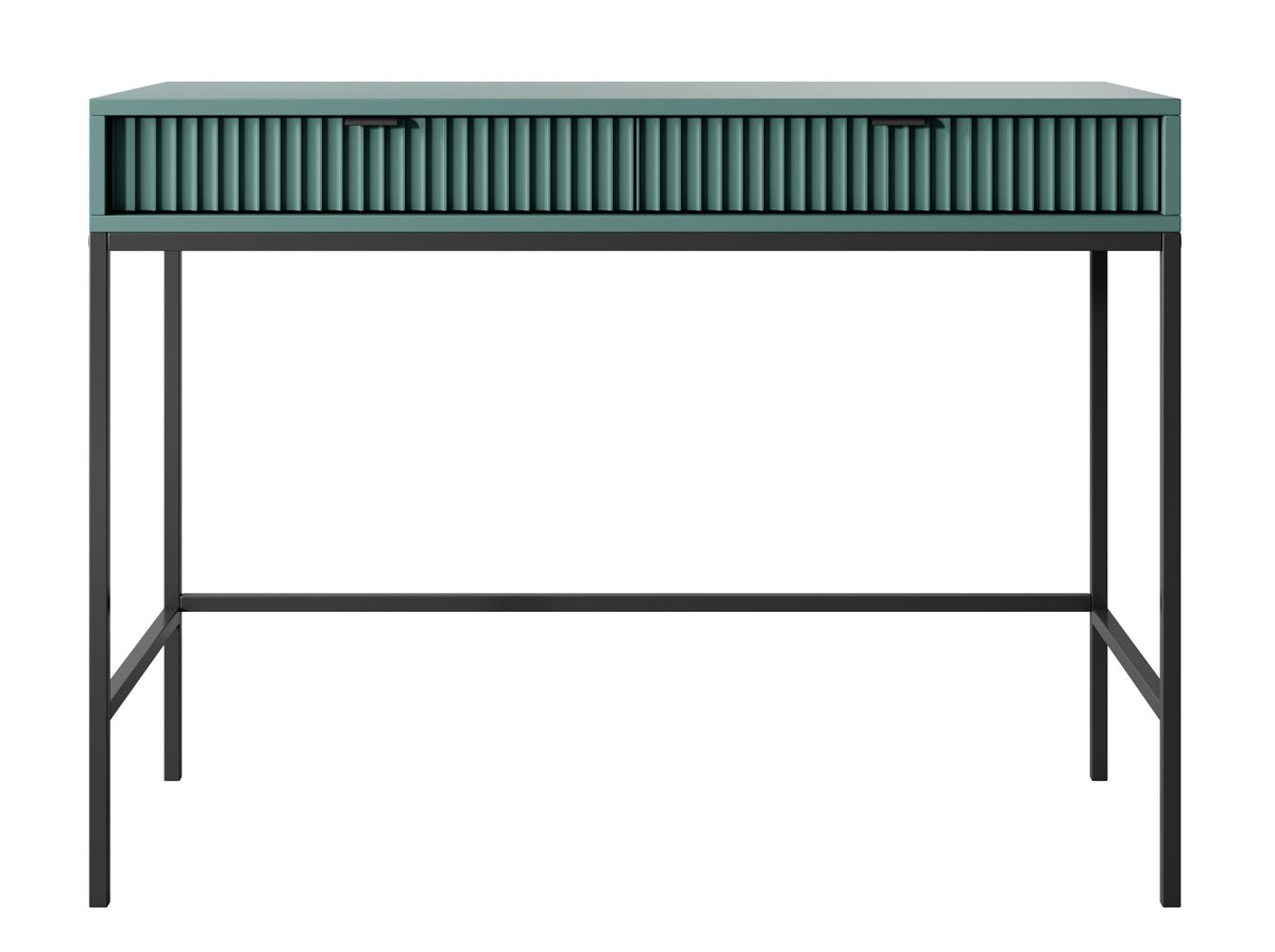 Bureau coiffeuse Vellore 104 cm vert avec façades rainurées, poignées noires et structure