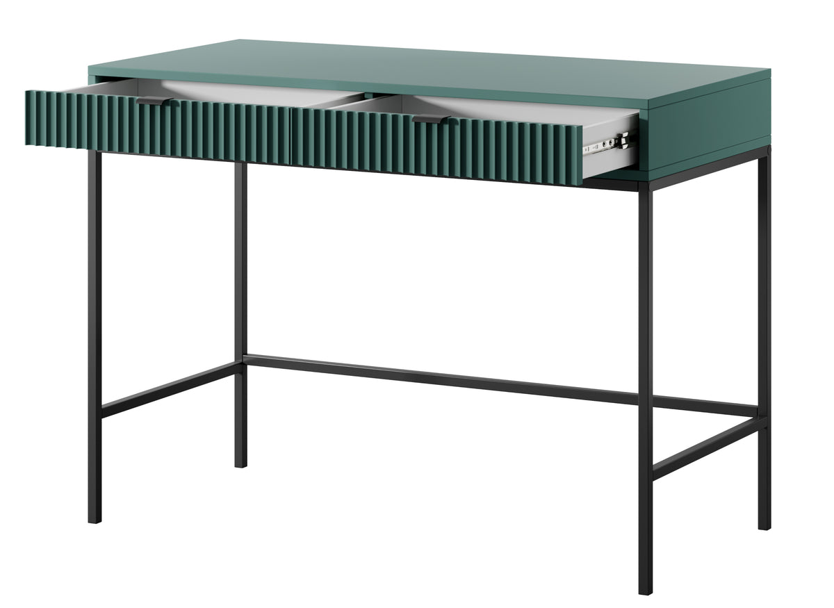 Bureau coiffeuse Vellore 104 cm vert avec façades rainurées, poignées noires et structure