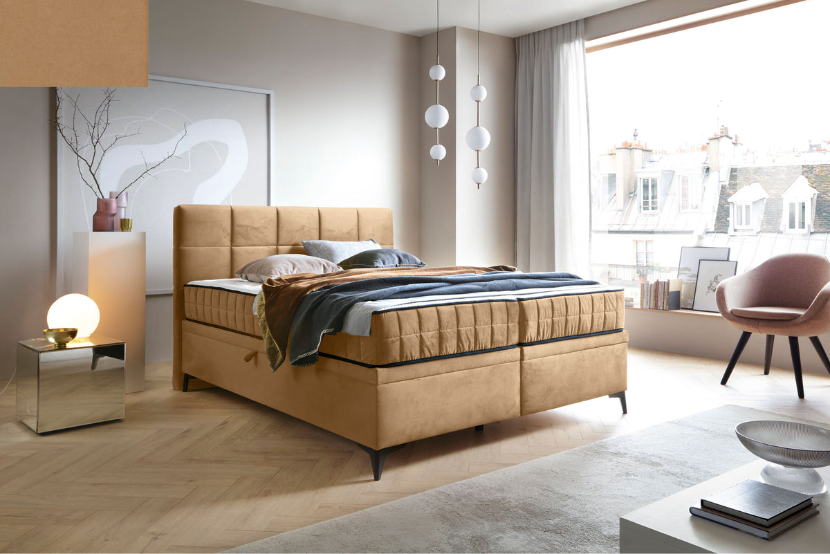 Lit continental 160x200 cm Beriano avec rangements et matelas, velours beige