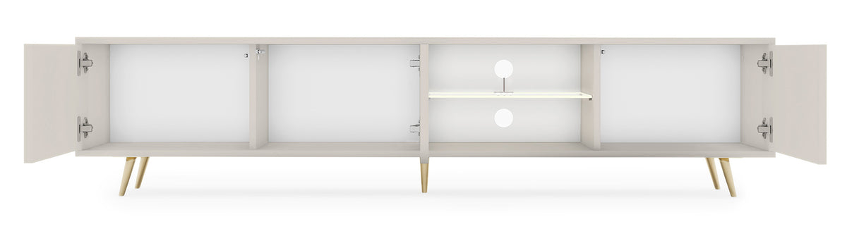 Drehtüriger TV-Schrank Bello mit Lamellenfronten und einer Glasablage mit LED-Beleuchtung, 175 cm, Kaschmir auf goldenen Beinen