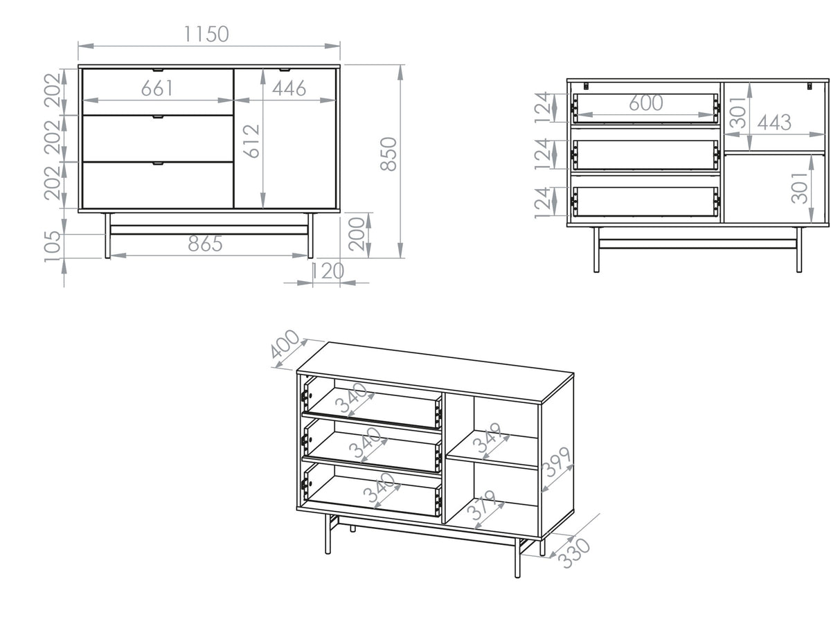 Reynos Einzeltür-Kommode mit drei Schubladen, 92 cm, Eiche Mavelie