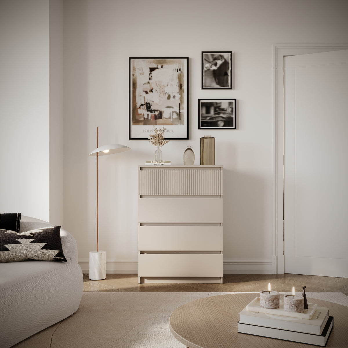 Kommode Sandia mit vier Schubladen und geriffelter Front, 70 cm, Kaschmir