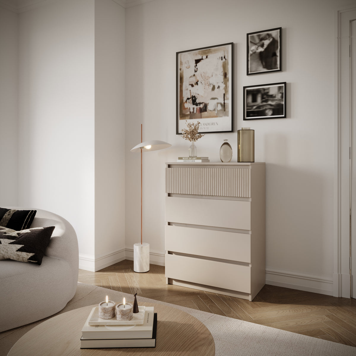 Commode Sandia avec quatre tiroirs et façade rainurée 70 cm cachemire