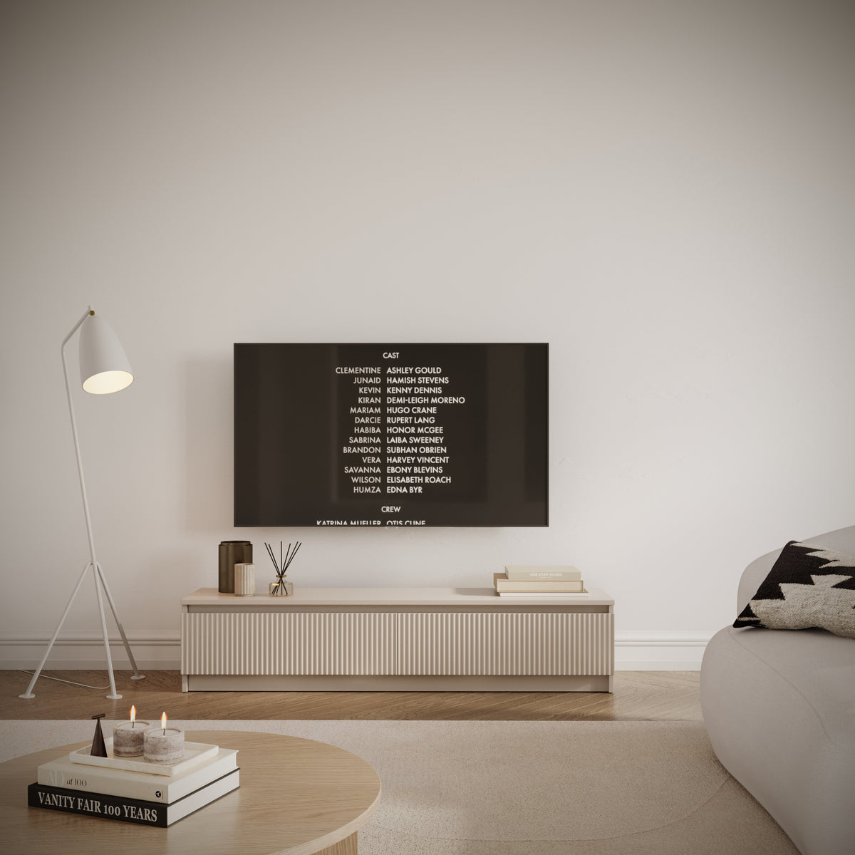 Meuble TV 2 portes Sandia avec façade rainurée 139 cm cachemire