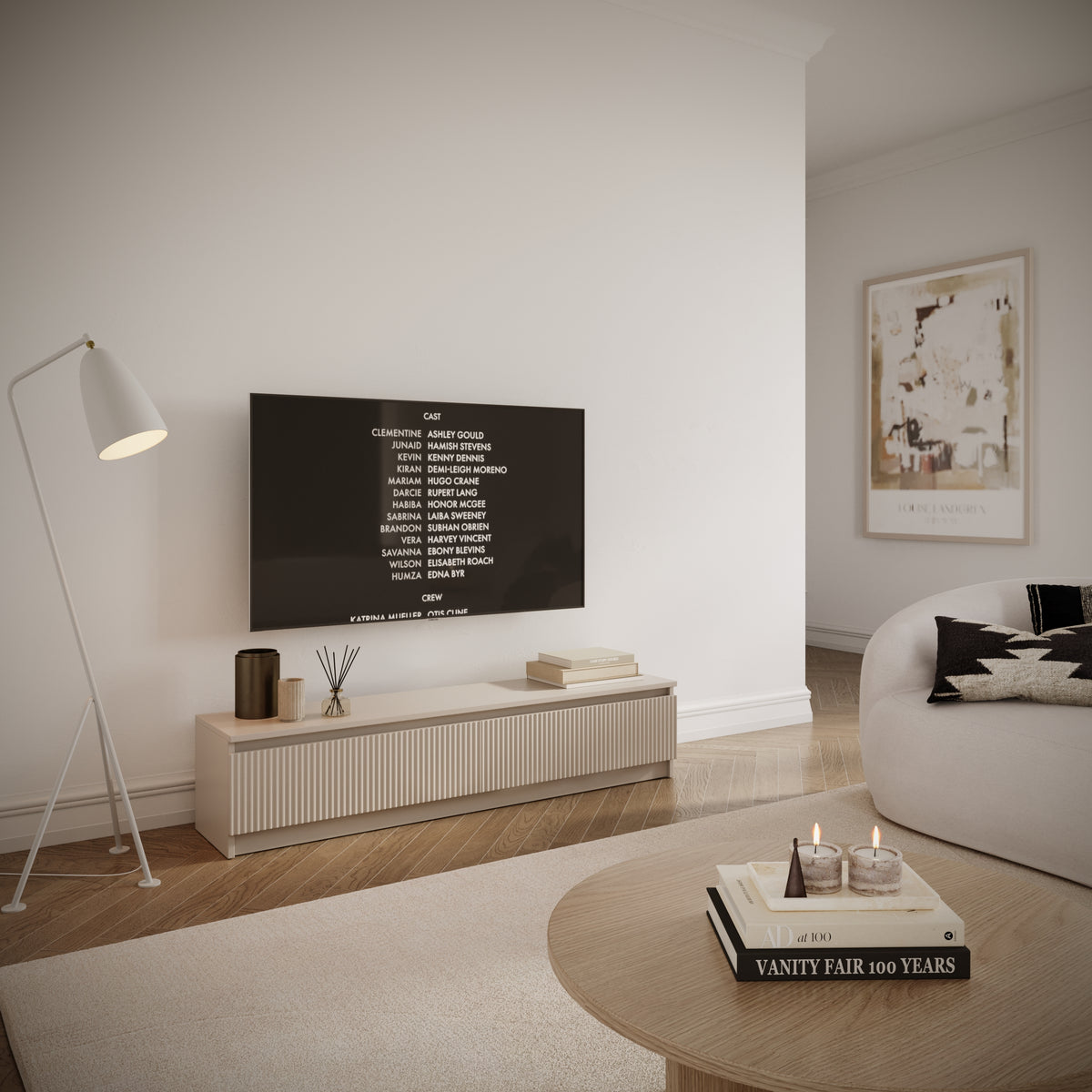 Meuble TV 2 portes Sandia avec façade rainurée 139 cm cachemire