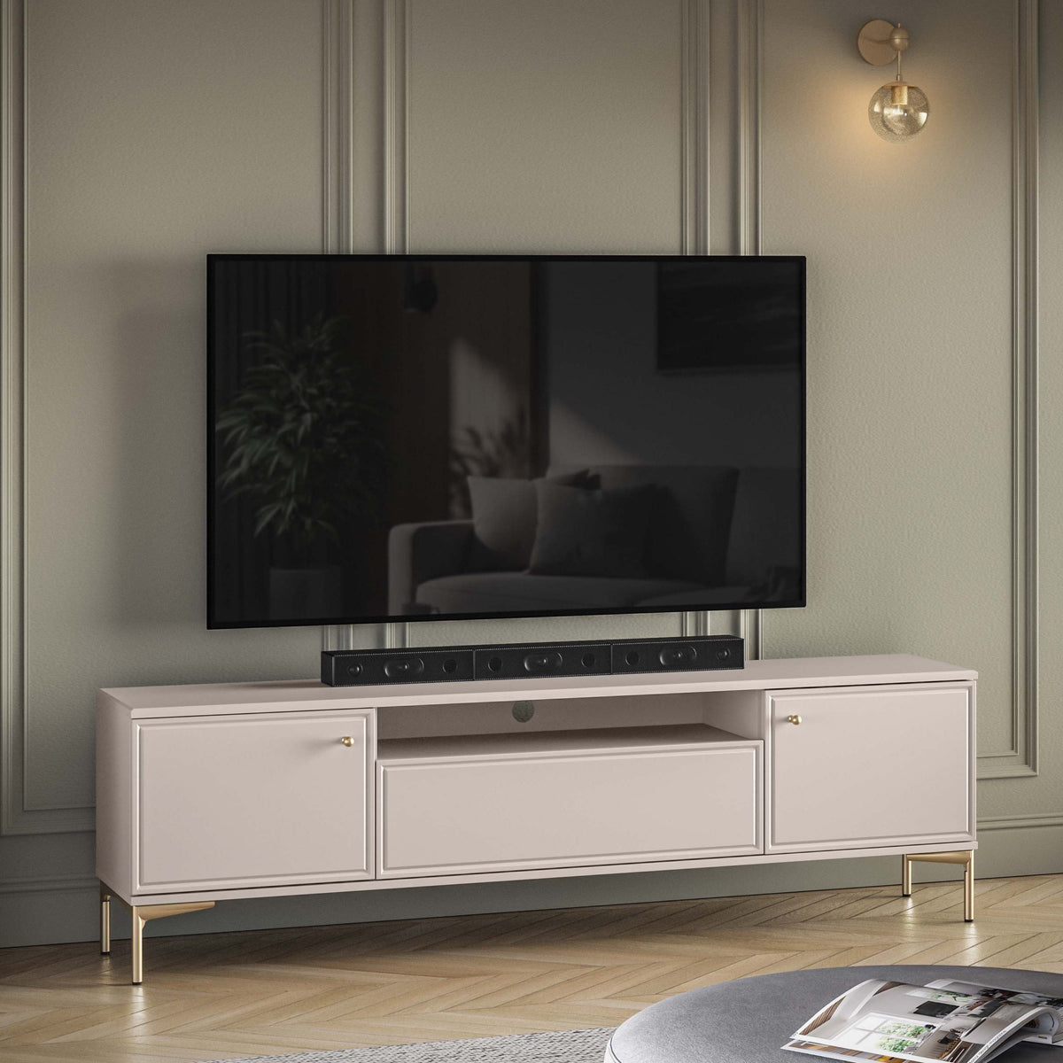 Meuble TV Sandro 180 cm à deux portes avec abattant et niche, couleur cachemire
