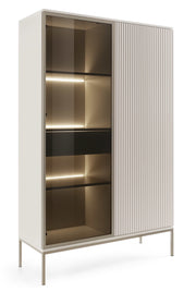 Hohe Vitrine Tosena mit zwei Türen, Schublade und LED-Beleuchtung, 104 cm, Kaschmir