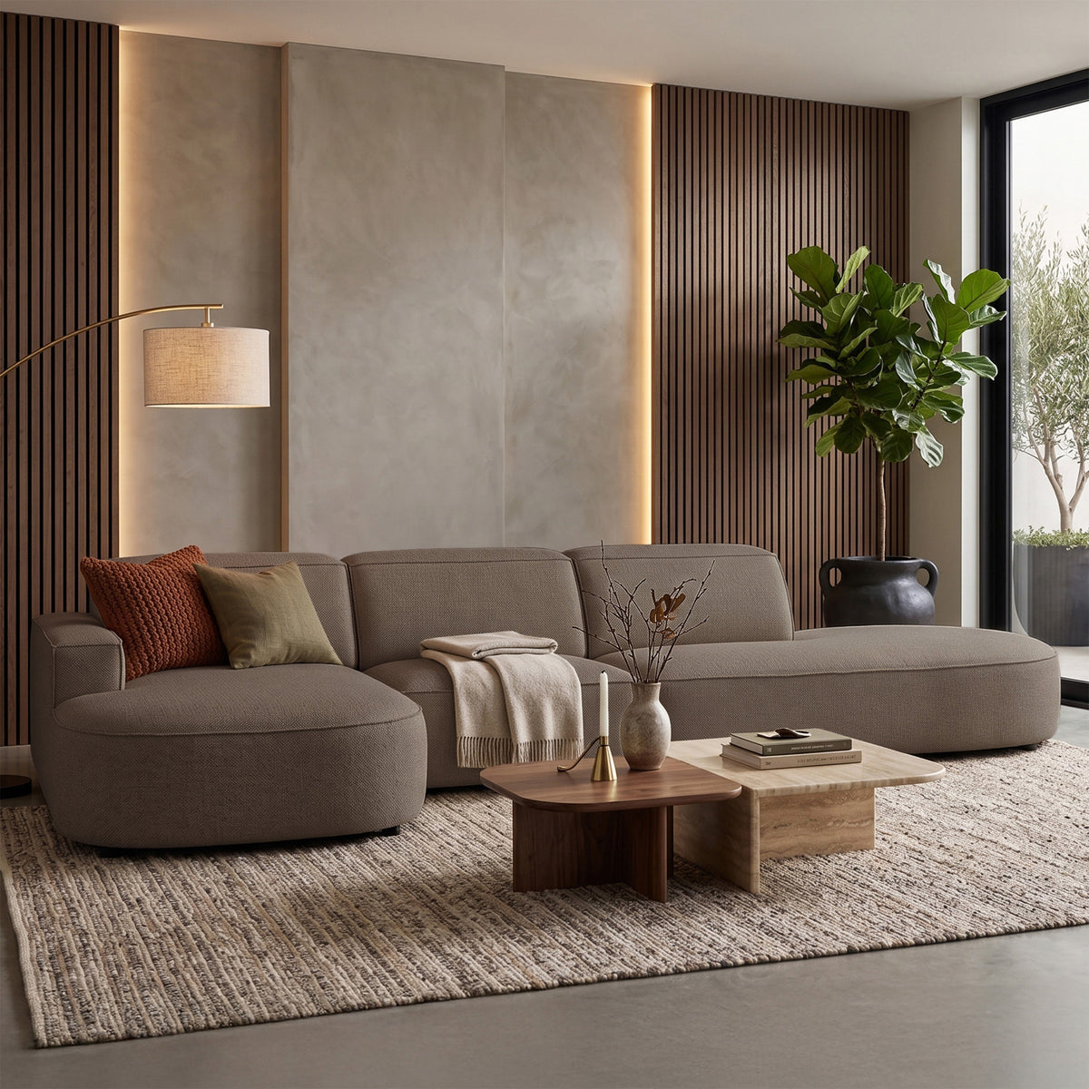 Modulares Ecksofa Sallmo L-förmig linksseitig hellbraun, hydrophobes Chenille