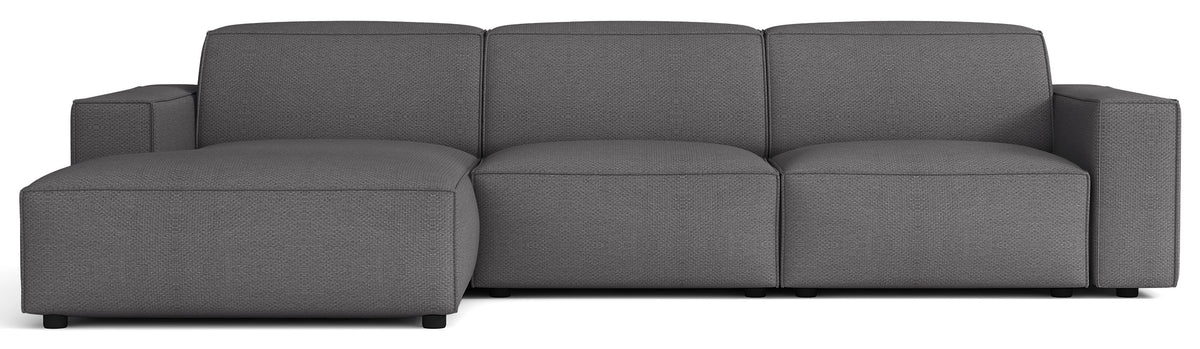 Canapé d'angle modulable Sellmo en L, côté gauche, tissu chenille hydrofuge gris foncé