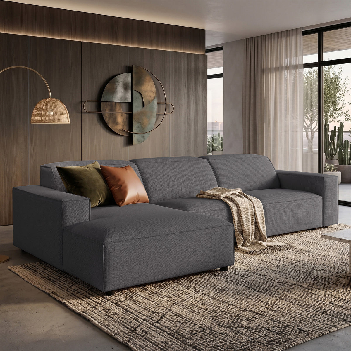 Canapé d'angle modulable Sellmo en L, côté gauche, tissu chenille hydrofuge gris foncé