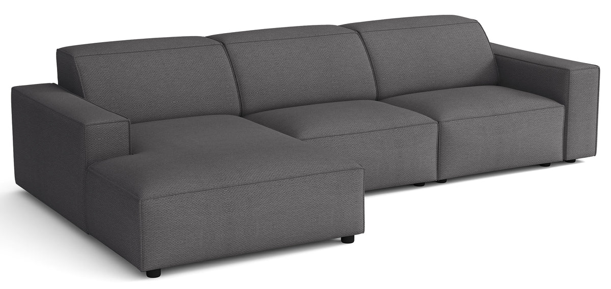 Canapé d'angle modulable Sellmo en L, côté gauche, tissu chenille hydrofuge gris foncé