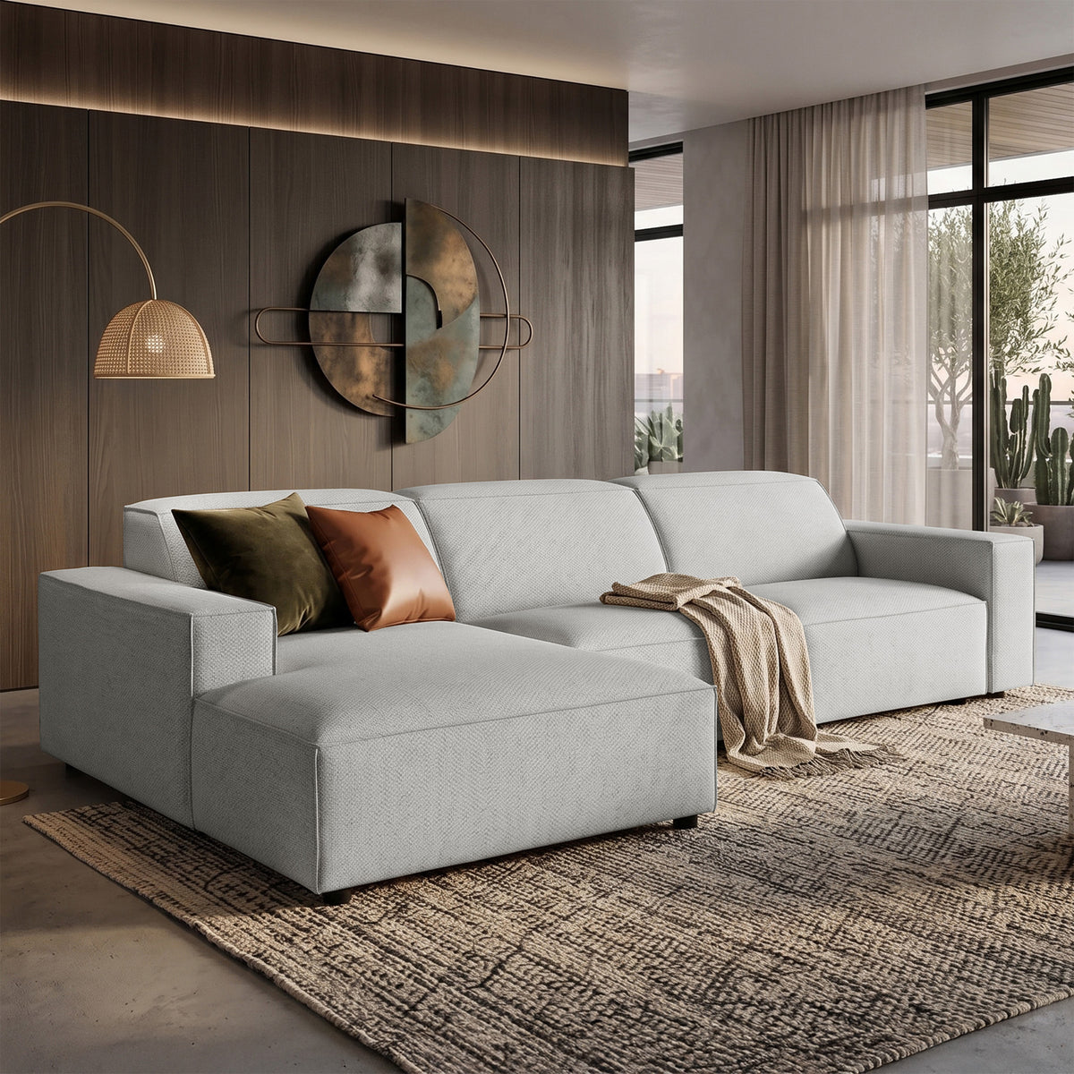 Canapé d'angle modulable Sellmo en L, côté gauche, tissu chenille hydrofuge gris clair