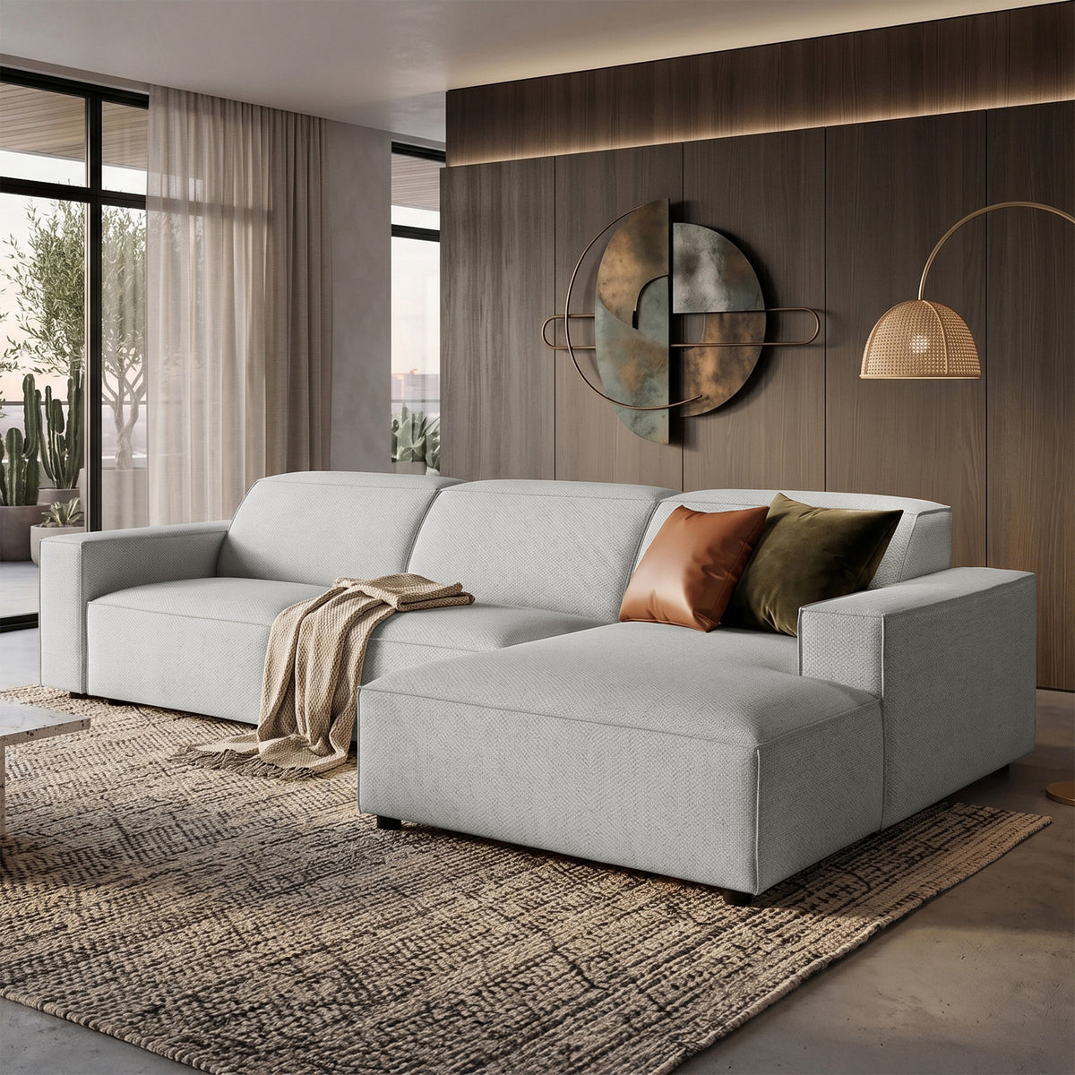 Canapé d'angle modulable Sellmo en L, côté droit, en chenille hydrofuge gris clair