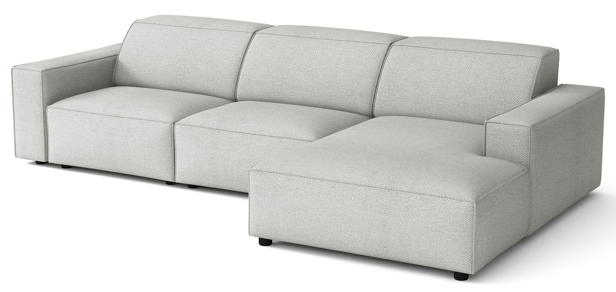 Modulares Ecksofa Sellmo, L-förmig, rechtsseitig, hellgrauer hydrophober Chenillestoff