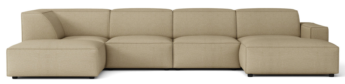 Großes U-förmiges modulares Ecksofa Sellmo mit Pouf, linksseitig, dunkelbeige, hydrophobes Chenille