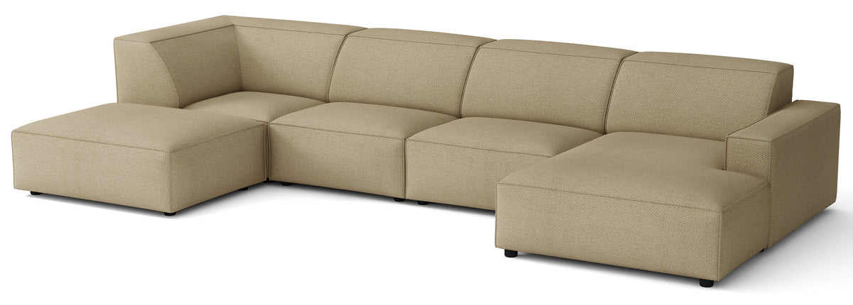 Großes U-förmiges modulares Ecksofa Sellmo mit Pouf, linksseitig, dunkelbeige, hydrophobes Chenille