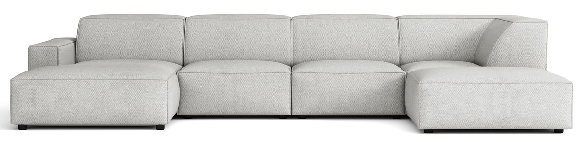 Grand canapé d'angle modulaire Sellmo en U avec pouf, côté droit, tissu chenille hydrofuge gris clair