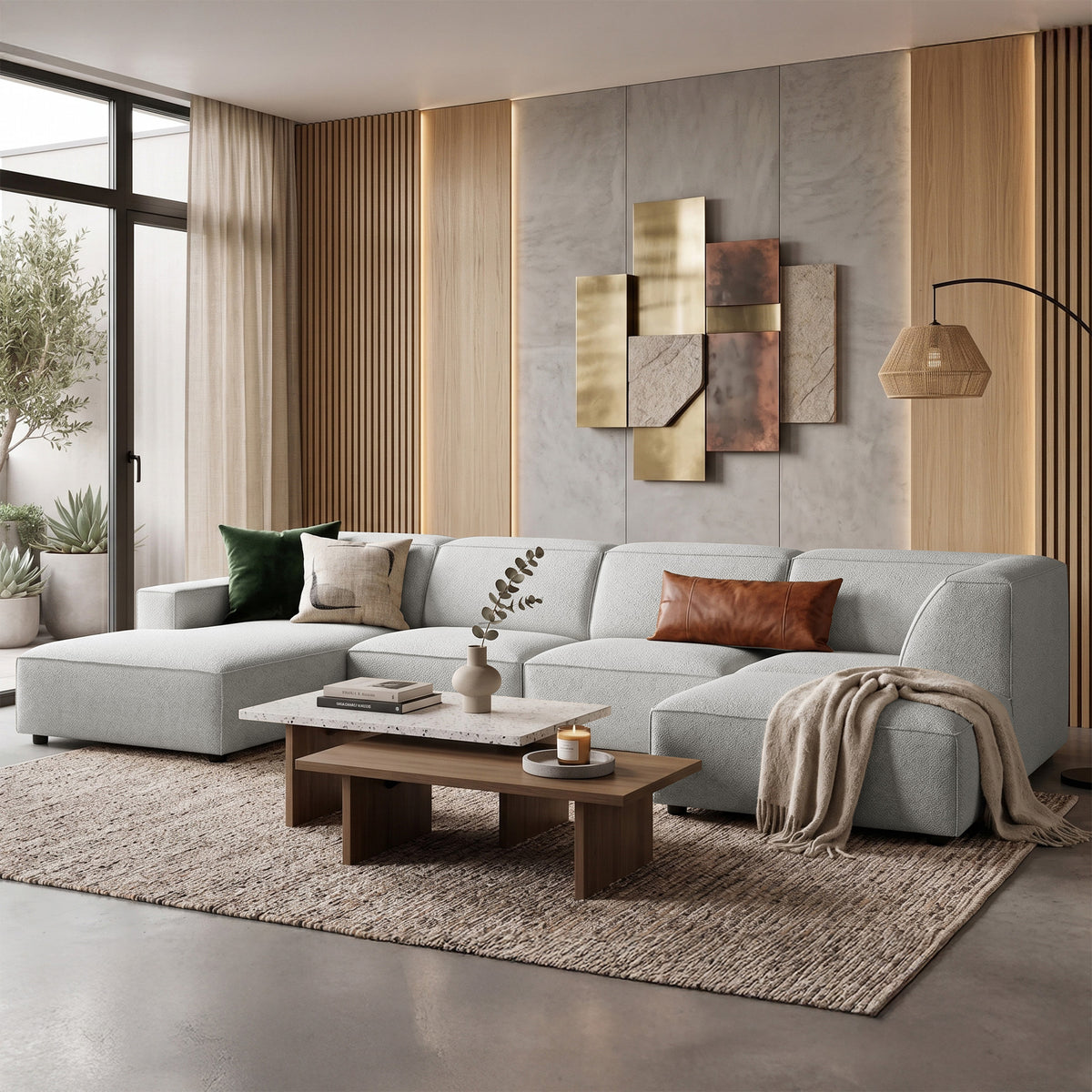 Grand canapé d'angle modulaire Sellmo en U avec pouf, côté droit, tissu chenille hydrofuge gris clair