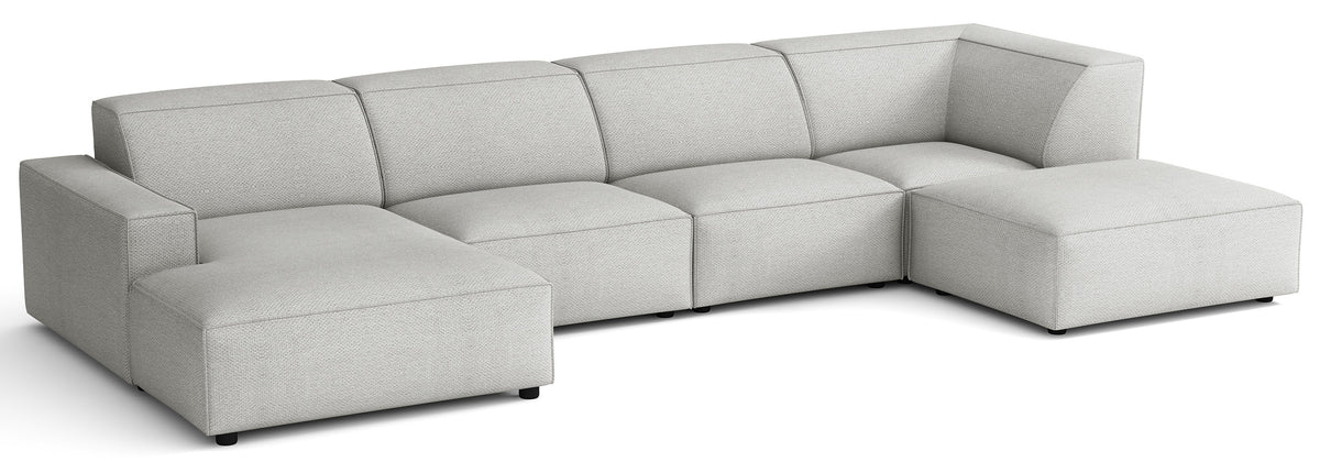 Grand canapé d'angle modulaire Sellmo en U avec pouf, côté droit, tissu chenille hydrofuge gris clair