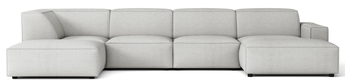 Grand canapé d'angle modulable Sellmo en U avec pouf, côté gauche, en chenille hydrofuge gris clair