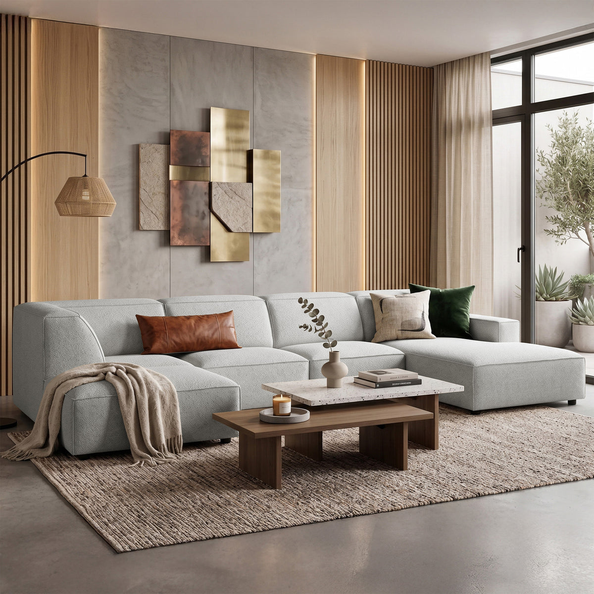 Grand canapé d'angle modulable Sellmo en U avec pouf, côté gauche, en chenille hydrofuge gris clair
