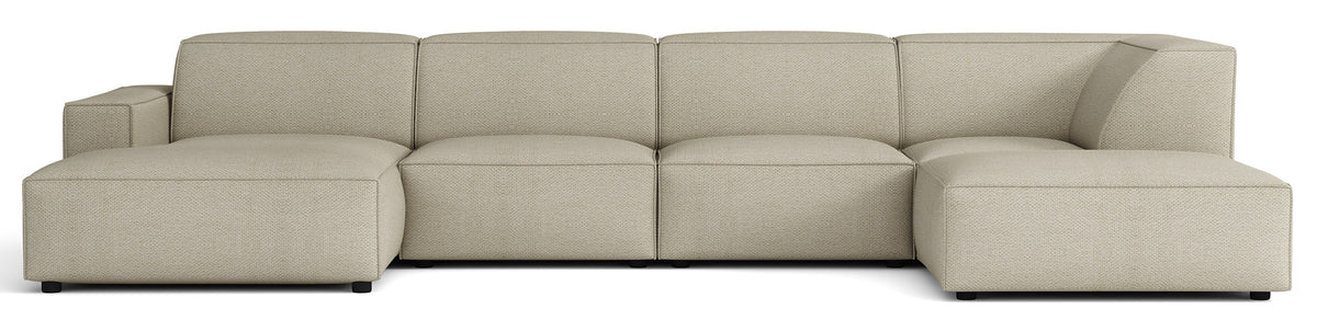 Grand canapé d'angle modulable Sellmo en U avec pouf, côté droit, tissu chenille hydrofuge gris-beige
