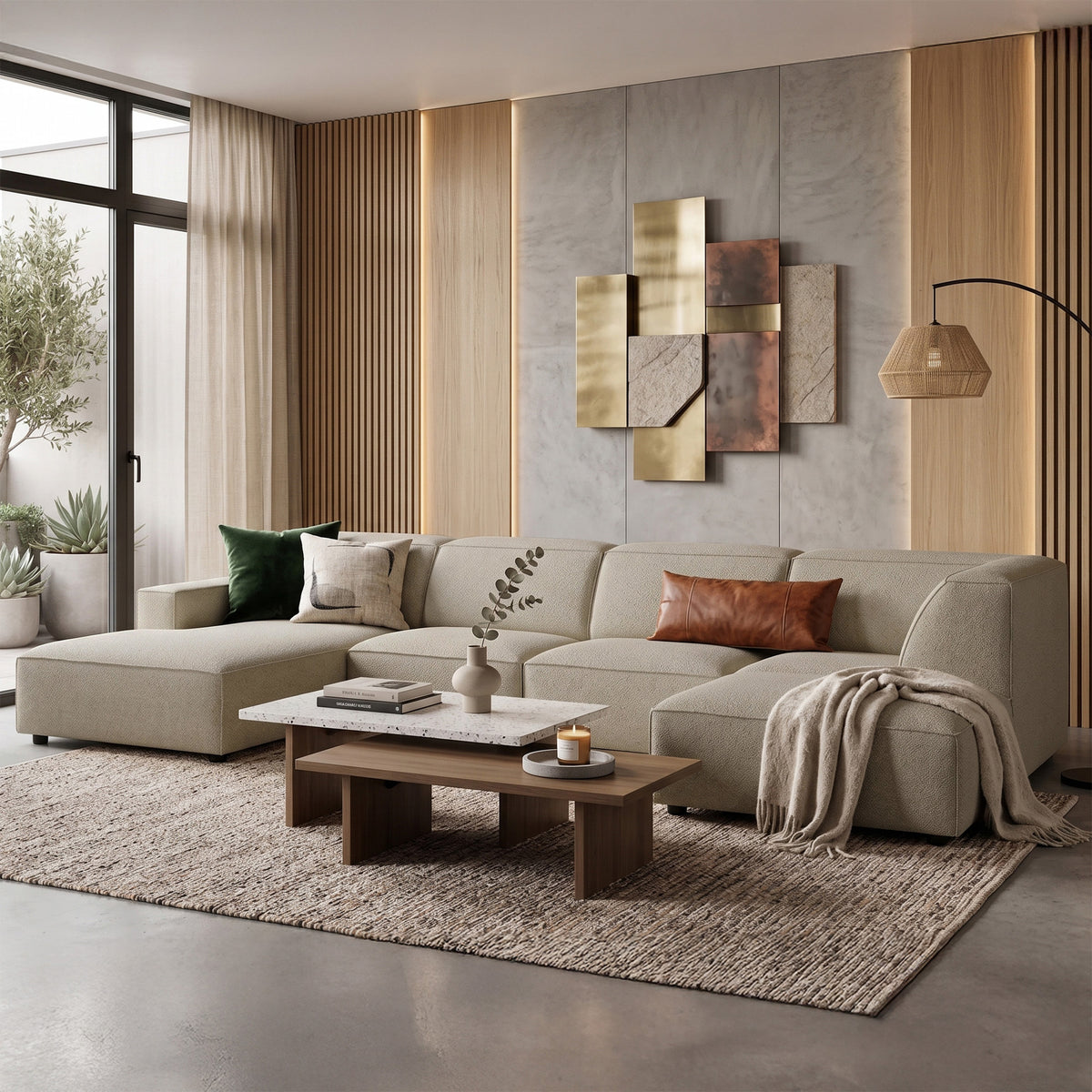 Grand canapé d'angle modulable Sellmo en U avec pouf, côté droit, tissu chenille hydrofuge gris-beige